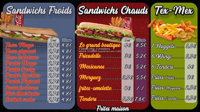 Menu board de la sandwicherie Au Grand Boutique